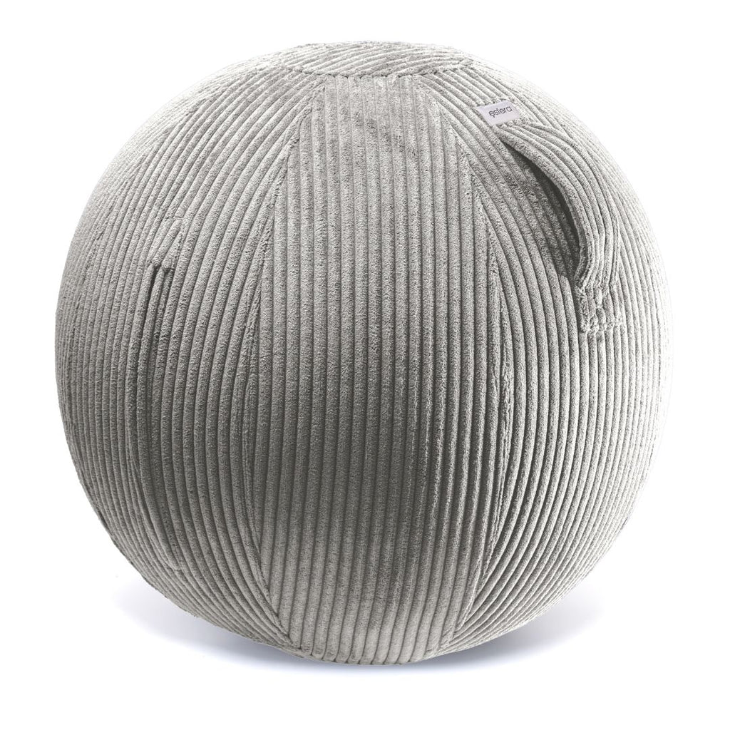 A grey corduroy-covered exercise ball with a built-in stability ring, designed for use as a chair or workout accessory. Promotes better posture.