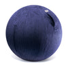 A navy blue corduroy-covered exercise ball with a built-in stability ring, designed for use as a chair or workout accessory. Promotes better posture.