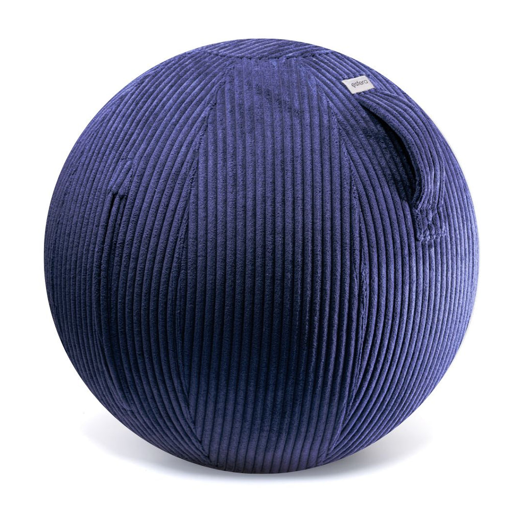 A navy blue corduroy-covered exercise ball with a built-in stability ring, designed for use as a chair or workout accessory. Promotes better posture.