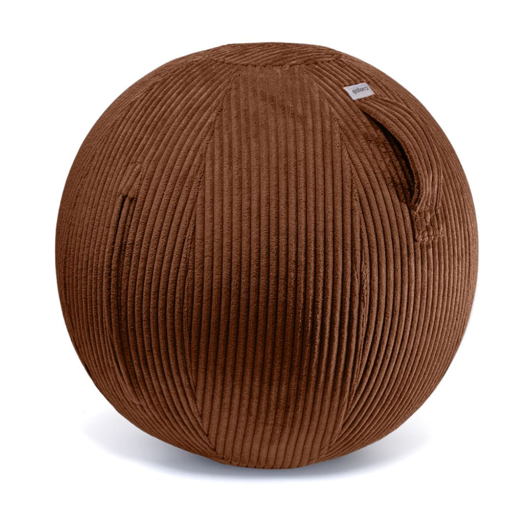 A brown corduroy-covered exercise ball with a built-in stability ring, designed for use as a chair or workout accessory. Promotes better posture.