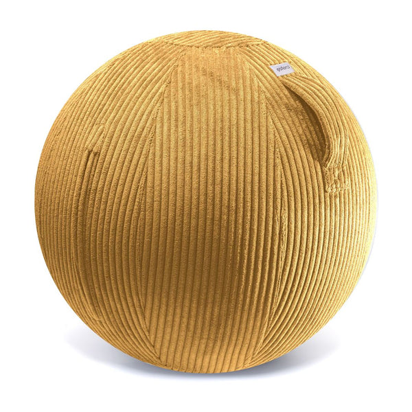 A yellow corduroy-covered exercise ball with a built-in stability ring, designed for use as a chair or workout accessory. Promotes better posture.