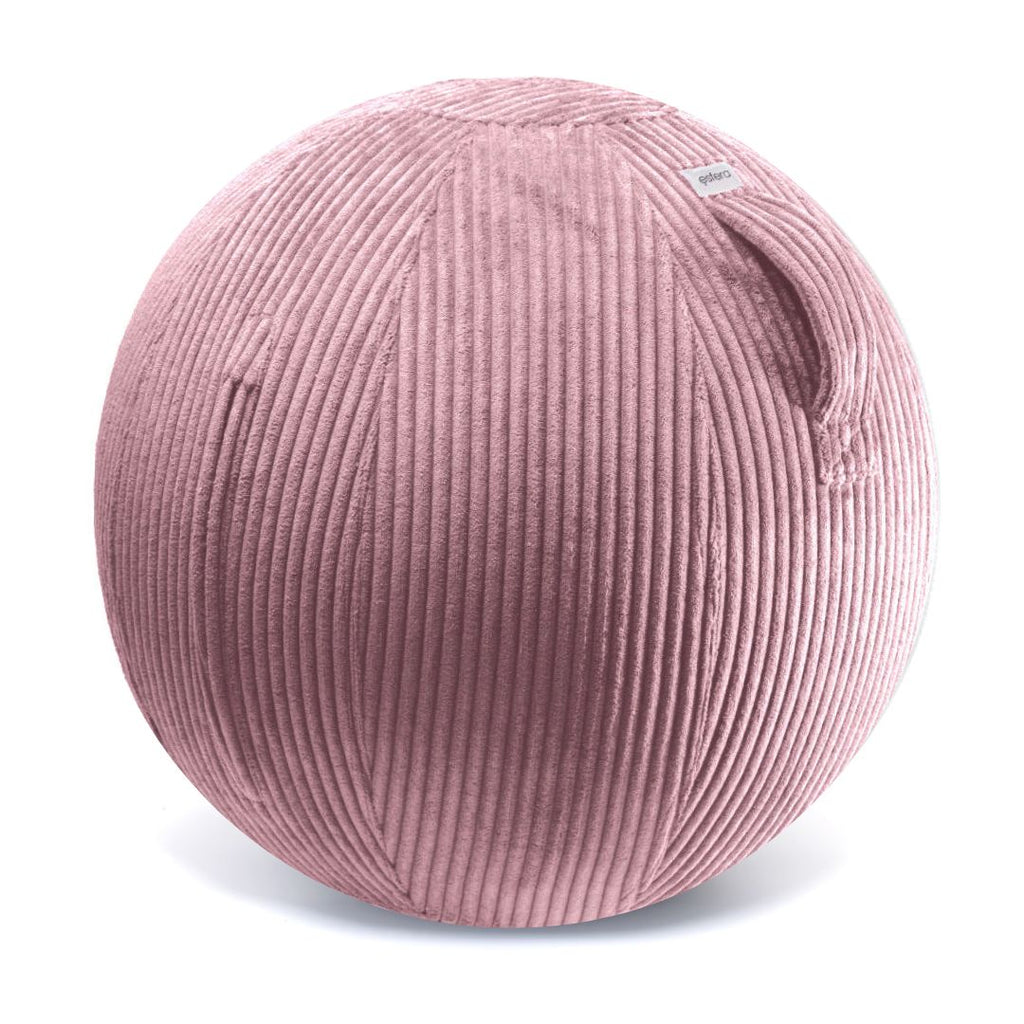 A pink corduroy-covered exercise ball with a built-in stability ring, designed for use as a chair or workout accessory. Promotes better posture.