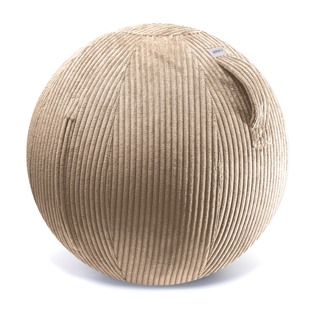 An oatmeal corduroy-covered exercise ball with a built-in stability ring, designed for use as a chair or workout accessory. Promotes better posture.