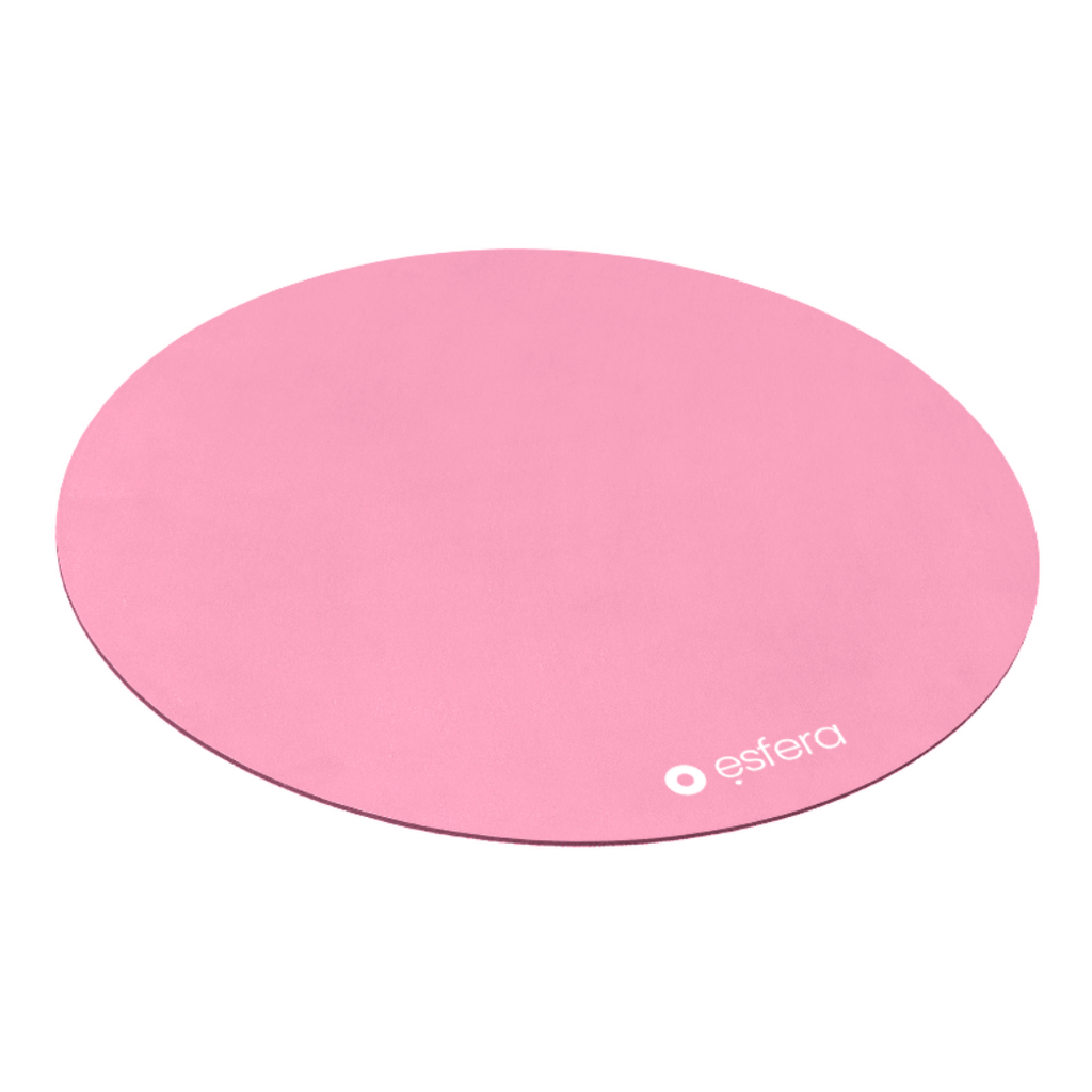 A bright pink sit/stand stability mat used for standing desks and under your ball chair on slippery surfaces.